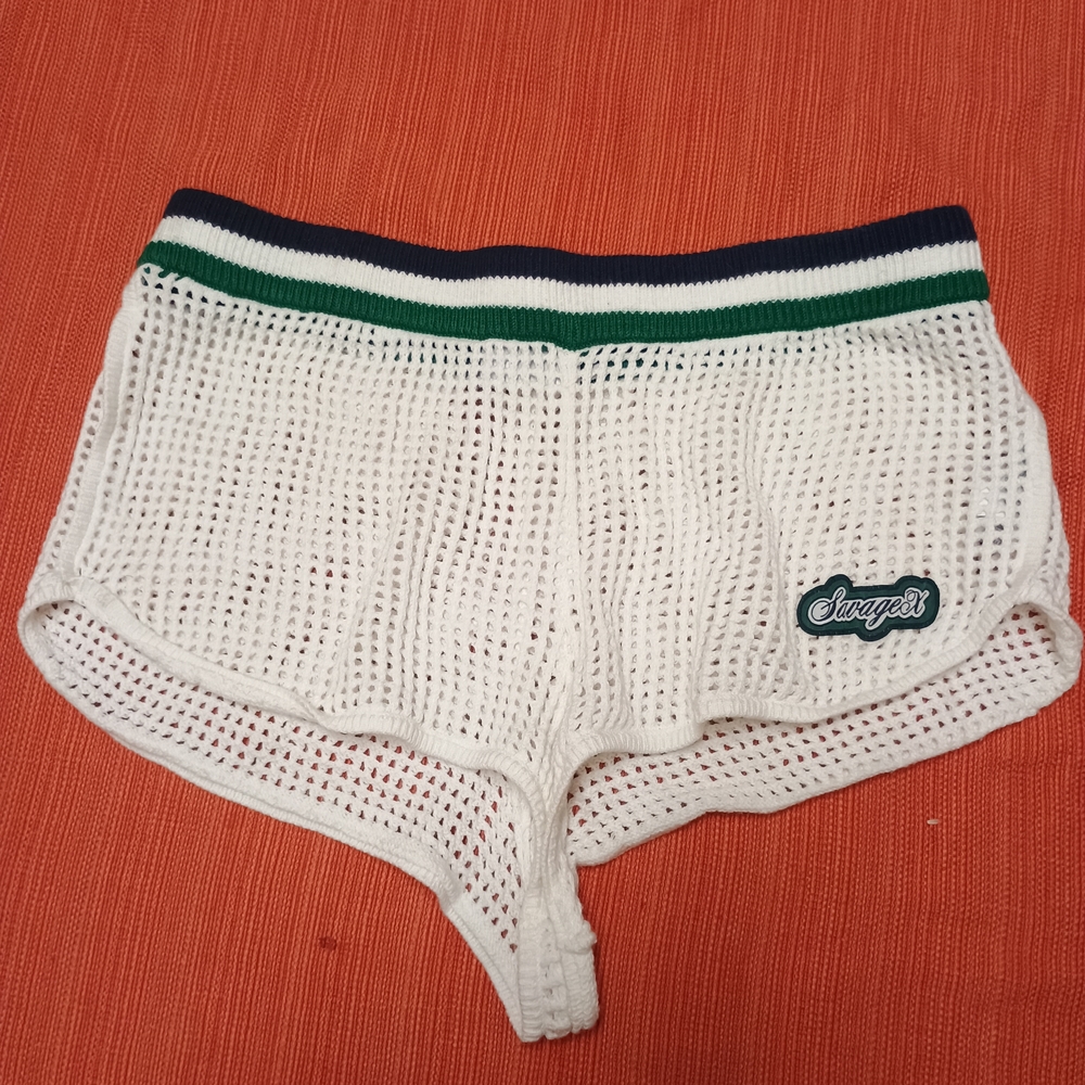 Savage X Fenty Cream Mesh Shorts with Green and Black Accents